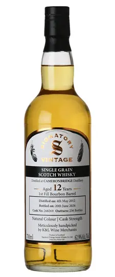 2012 Cameronbridge 12 Year Old "Signatory" K&L Exclusive #268269 First Fill Bourbon Cask Strength Non Chillfiltered Lowland Single Grain Scotch Whisky (700ml)